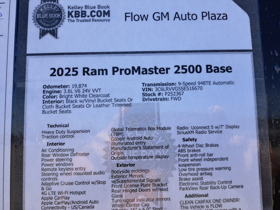 2025 RAM ProMaster 2500 Cargo Van Tradesman Low Roof 136" WB w/Pass Seat