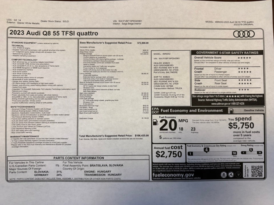 2023 Audi Q8 Prestige 55 TFSI quattro Tiptronic