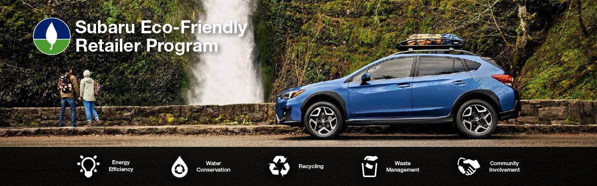 The Subaru Eco-Friendly Retailer Program logo with a blue Subaru and eco icons at bottom. | Flow Subaru Burlington in Burlington NC