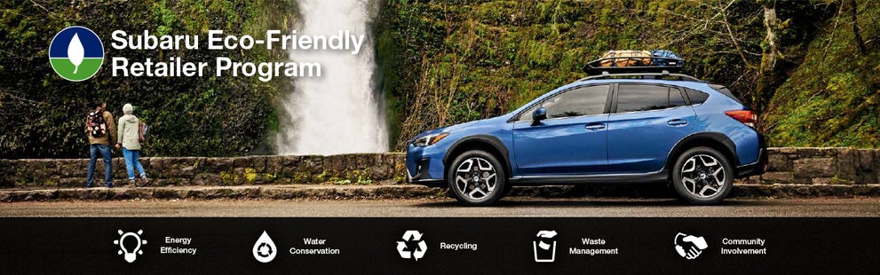 The Subaru Eco-Friendly Retailer Program logo with a blue Subaru and eco icons at bottom. | Flow Subaru Burlington in Burlington NC