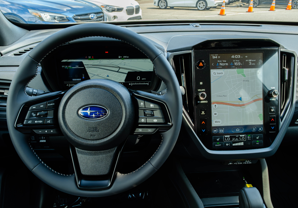 Subaru forester interior, including the steering wheel and infotainment system