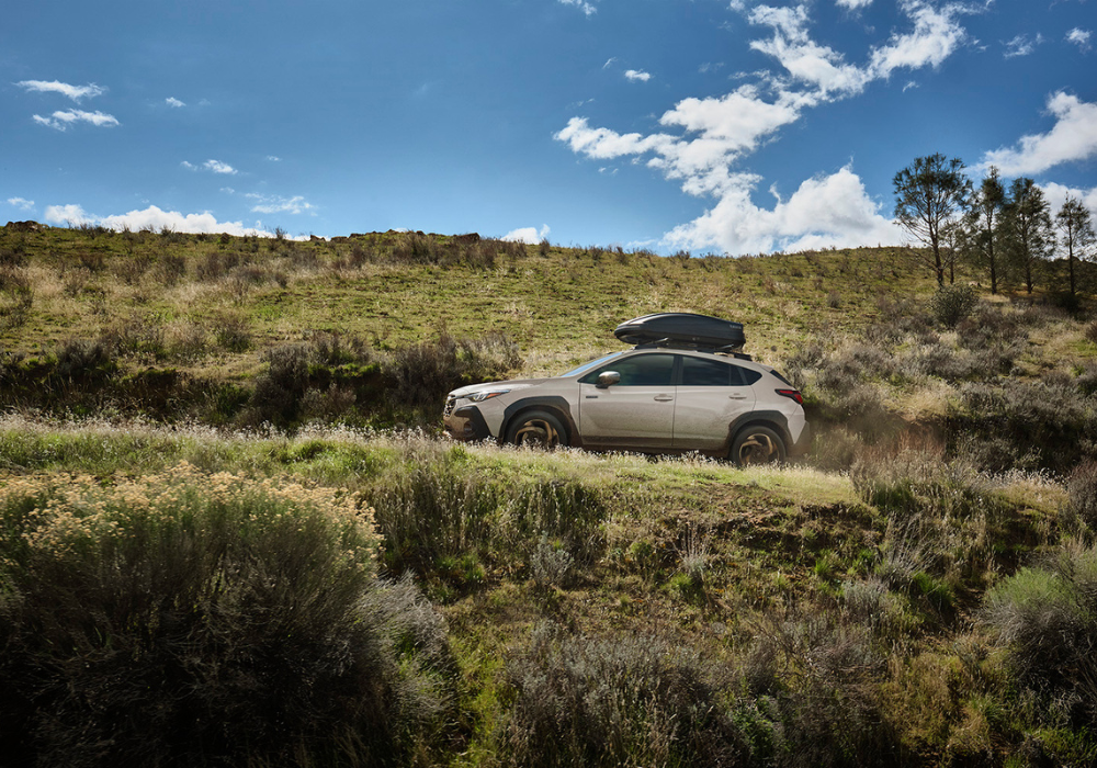 Tan Subaru Crosstrek Hybrid driving in a grassy area